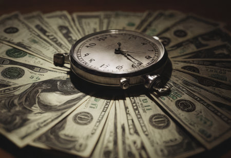 clock and stacks of coins : time - moneyの素材