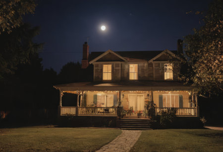 Old house at night with a full moon in the background, vintage styleの素材