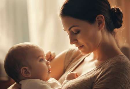 Loving mom caring of her newborn baby at home. Bright portrait of happy mum holding sleeping infant child on hands. Mother hugging her little 2 months old son.の素材