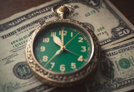 clock and stacks of coins : time - moneyの素材