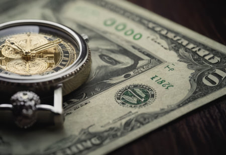 clock and stacks of coins : time - moneyの素材