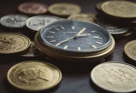 clock and stacks of coins : time - moneyの素材