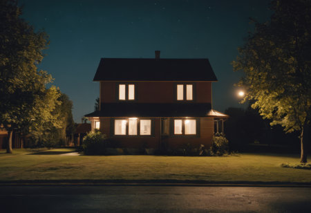 Night view of a beautiful house in the countryside. Vintage style.の素材