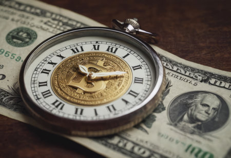 clock and stacks of coins : time - moneyの素材