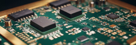 Close-up of electronic circuit board with microchips and componentsの素材