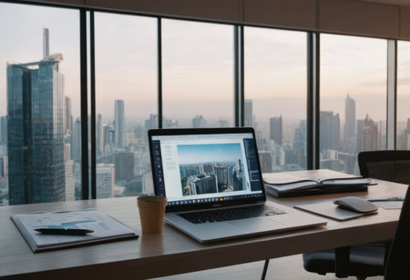 businessman working on laptop in modern office with cityscape at sunsetの素材