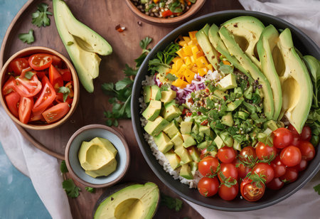 Healthy salad bowl with quinoa, tomatoes, chicken, avocado, lime and mixed greens, lettuce, parsley on wooden background top view. Food and health.の素材