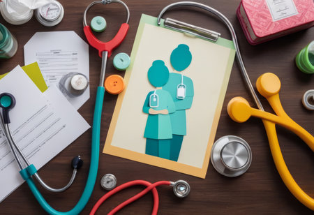 Take out health insurance for family. Stethoscope, paper heart and silhouette of family on wooden background top viewの素材