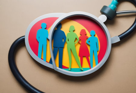 Take out health insurance for family. Stethoscope, paper heart and silhouette of family on wooden background top viewの素材