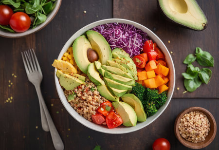 Healthy salad bowl with quinoa, tomatoes, chicken, avocado, lime and mixed greens, lettuce, parsley on wooden background top view. Food and health.の素材
