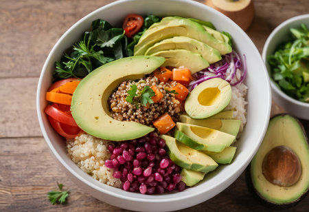 Healthy salad bowl with quinoa, tomatoes, chicken, avocado, lime and mixed greens, lettuce, parsley on wooden background top view. Food and health.の素材