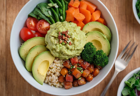 Healthy salad bowl with quinoa, tomatoes, chicken, avocado, lime and mixed greens, lettuce, parsley on wooden background top view. Food and health.の素材