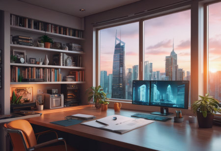 Luxury office interior with city view from the window. 3D Renderingの素材