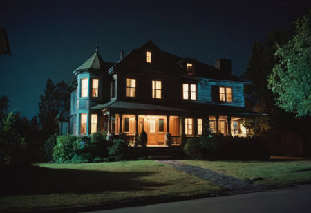 Old house in the park at night with a beautiful starry skyの素材