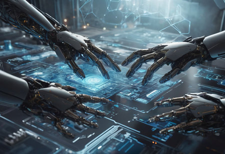 AI, Machine learning, Hands of robot and human touch on big data network, Brain data creative in light bulb, Science and artificial intelligence technology, innovation for futuristic.の素材