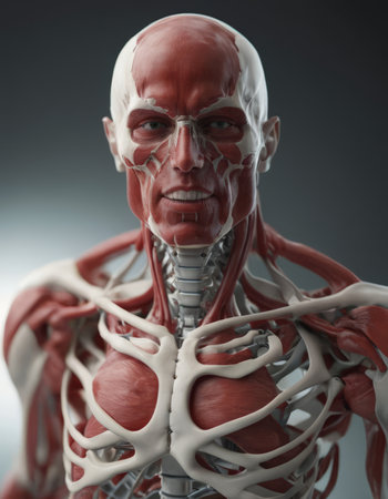 Anatomy human body model in the class room on white background.Part of human body model with organ system.Human muscle model.Medical education concept.の素材