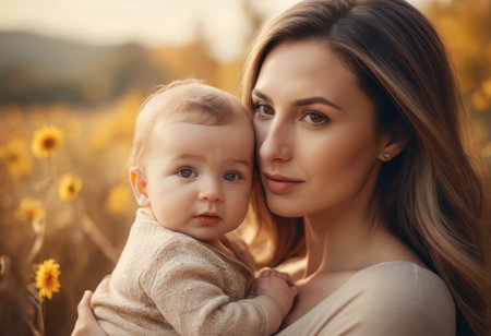 Loving mom caring of her newborn baby at home. Bright portrait of happy mum holding sleeping infant child on hands. Mother hugging her little 2 months old son.の素材