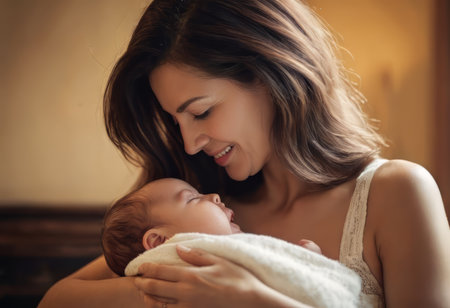 Loving mom caring of her newborn baby at home. Bright portrait of happy mum holding sleeping infant child on hands. Mother hugging her little 2 months old son.の素材