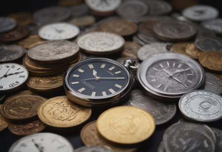 clock and stacks of coins : time - moneyの素材