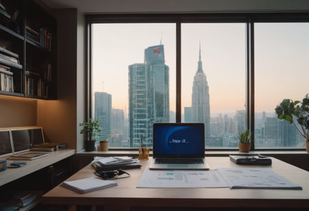 Laptop on desk in modern office with skyscrapers in the backgroundの素材