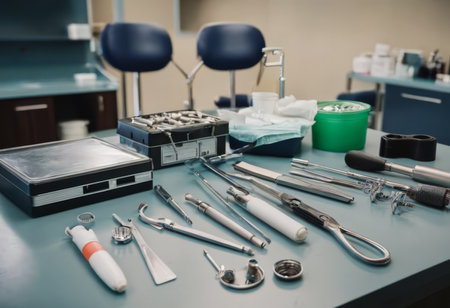 Top down view on various dental instruments such as syringe, toothbrushes, false teeth, pliers, mouth mirror, floss, picks, drill, scissors and maskの素材