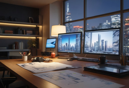 Designer desktop with computer and graphic tablet on table in modern officeの素材