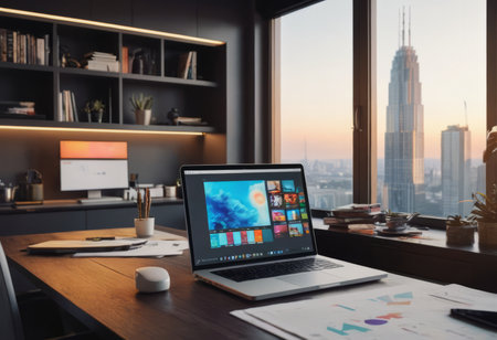 Laptop on wooden table in modern office with city view. 3D rendering.の素材