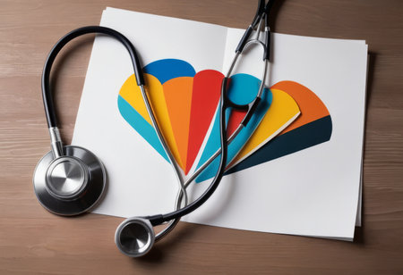 Take out health insurance for family. Stethoscope, paper heart and silhouette of family on wooden background top viewの素材