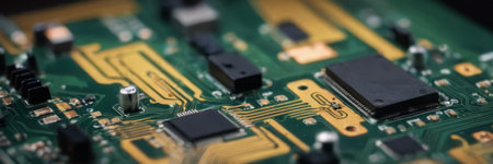 Close-up of electronic circuit board with microcircuits and componentsの素材