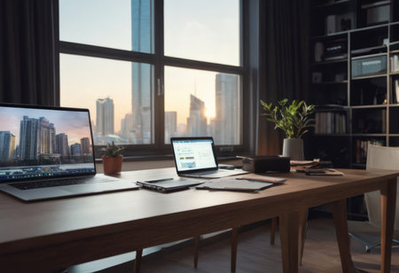 laptop on the table in modern office with city view background.の素材