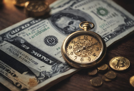 clock and stacks of coins : time - moneyの素材