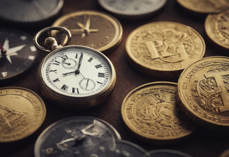 clock and stacks of coins : time - moneyの素材