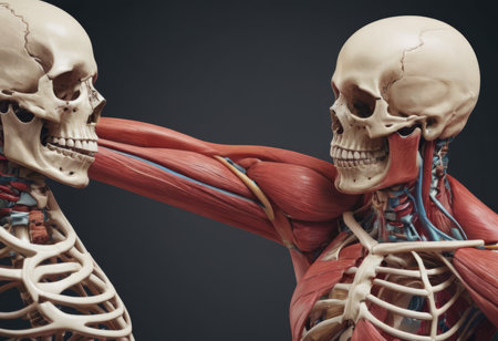 Anatomy human body model in the class room on white background.Part of human body model with organ system.Human muscle model.Medical education concept.の素材