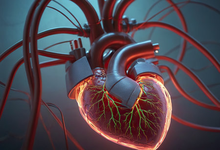 Abstract red human heart. Heart anatomy. Healthcare medical concept. Low poly style design. Geometric background.の素材