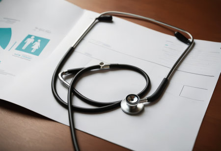 Take out health insurance for family. Stethoscope, paper heart and silhouette of family on wooden background top viewの素材