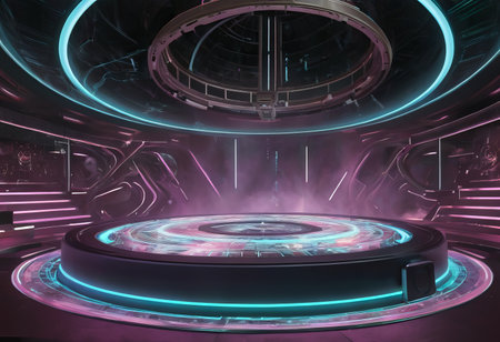Inside spaceship laboratory interior architecture and empty podium for cyberpunk product presentation. Technology and Sci-fi concept.の素材