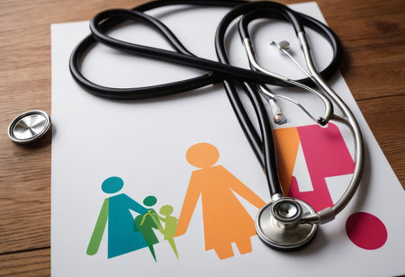 Take out health insurance for family. Stethoscope, paper heart and silhouette of family on wooden background top viewの素材