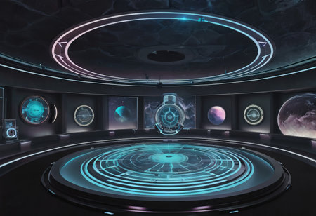 Inside spaceship laboratory interior architecture and empty podium for cyberpunk product presentation. Technology and Sci-fi concept.の素材
