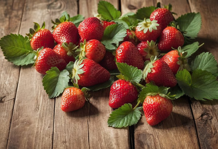 Fresh strawberries in a bowl on wooden table with low key scene.の素材