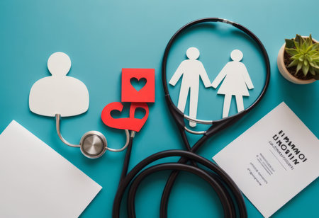Take out health insurance for family. Stethoscope, paper heart and silhouette of family on wooden background top viewの素材