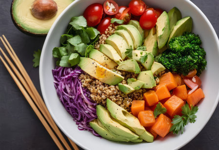 Healthy salad bowl with quinoa, tomatoes, chicken, avocado, lime and mixed greens, lettuce, parsley on wooden background top view. Food and health.の素材