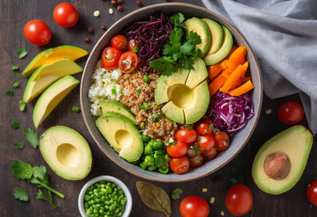 Healthy salad bowl with quinoa, tomatoes, chicken, avocado, lime and mixed greens, lettuce, parsley on wooden background top view. Food and health.の素材