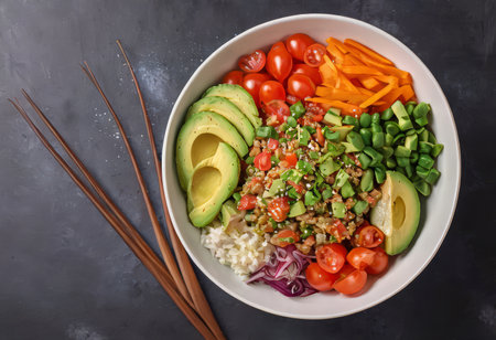 Healthy salad bowl with quinoa, tomatoes, chicken, avocado, lime and mixed greens, lettuce, parsley on wooden background top view. Food and health.の素材