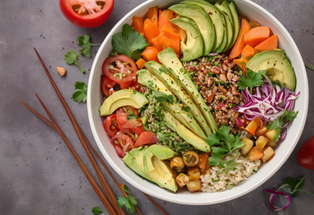 Healthy salad bowl with quinoa, tomatoes, chicken, avocado, lime and mixed greens, lettuce, parsley on wooden background top view. Food and health.の素材