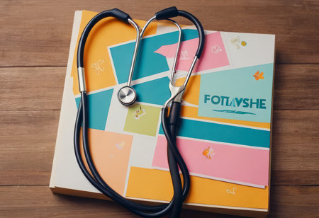 Take out health insurance for family. Stethoscope, paper heart and silhouette of family on wooden background top viewの素材