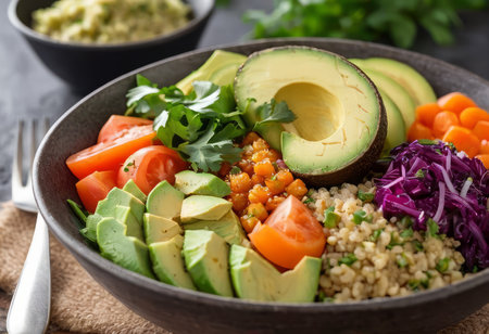 Healthy salad bowl with quinoa, tomatoes, chicken, avocado, lime and mixed greens, lettuce, parsley on wooden background top view. Food and health.の素材