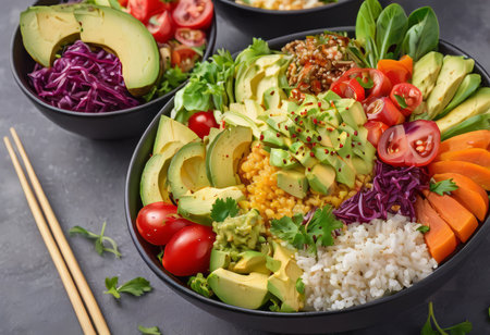 Healthy salad bowl with quinoa, tomatoes, chicken, avocado, lime and mixed greens, lettuce, parsley on wooden background top view. Food and health.の素材