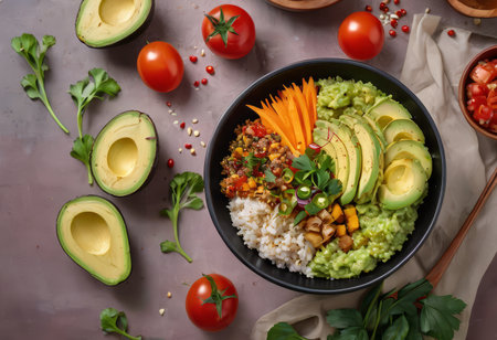Healthy salad bowl with quinoa, tomatoes, chicken, avocado, lime and mixed greens, lettuce, parsley on wooden background top view. Food and health.の素材