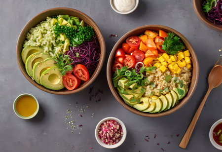 Healthy salad bowl with quinoa, tomatoes, chicken, avocado, lime and mixed greens, lettuce, parsley on wooden background top view. Food and health.の素材
