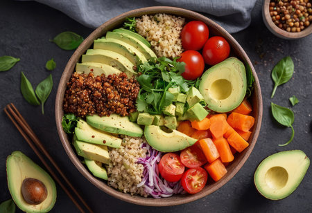 Healthy salad bowl with quinoa, tomatoes, chicken, avocado, lime and mixed greens, lettuce, parsley on wooden background top view. Food and health.の素材